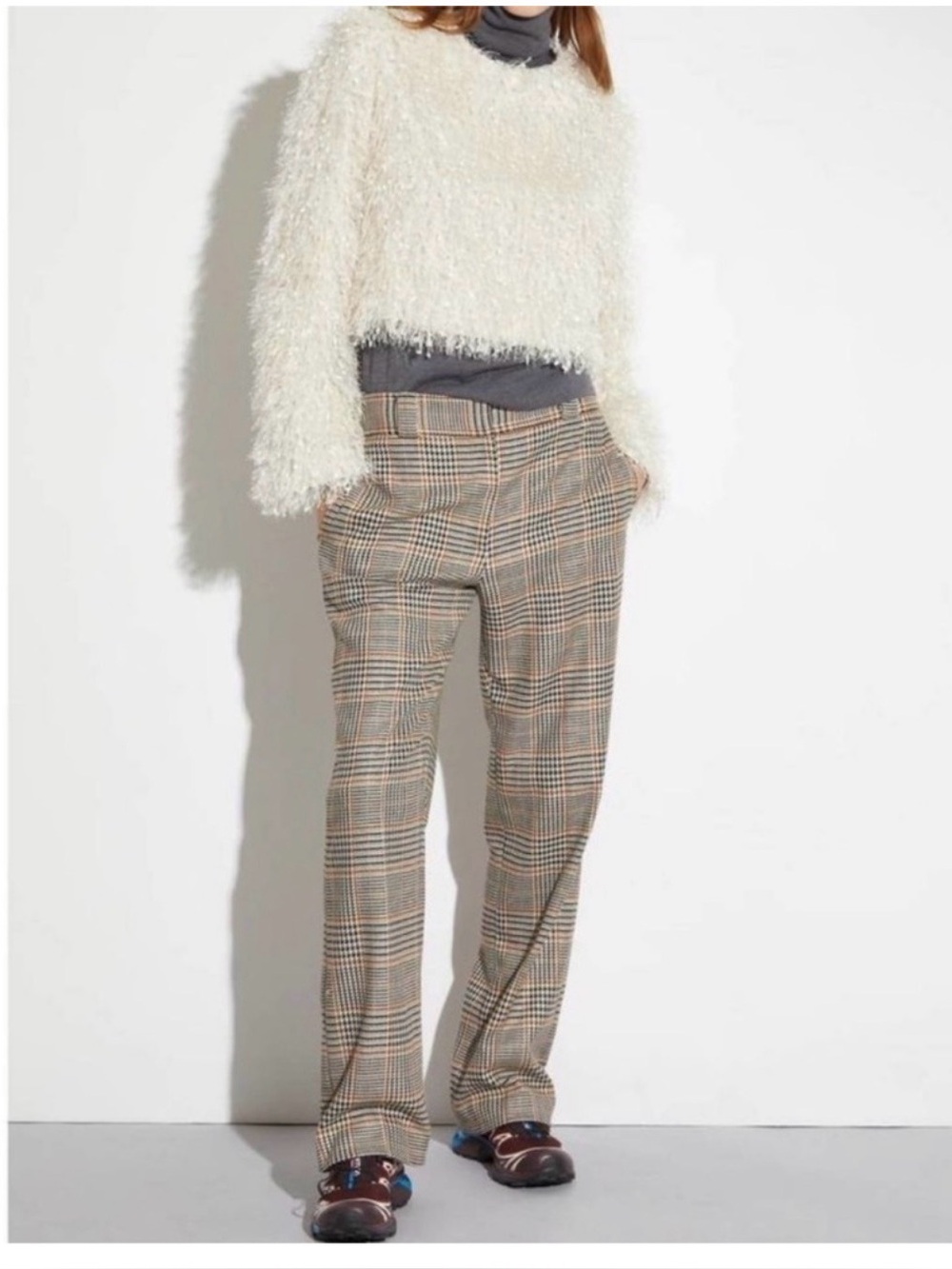 SAINT ART Nessa Tan Midrise
Houndstooth Plaid Straight Wide
Leg Pant Size XS
